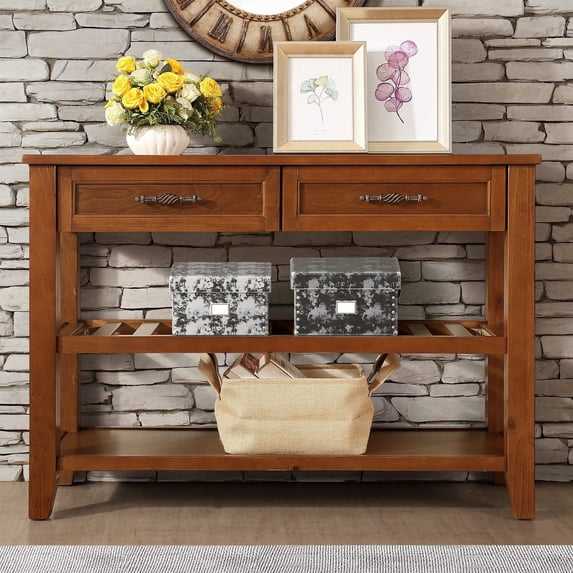 Royard Oaktree 42" Console Table w/2 Storage Drawers, Mid-Century Wood Entryway Sofa Table w/Shelves
