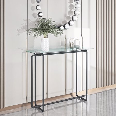 Royard Oaktree 43.3" Console Table with Glass Tabletop, Minimalist Porch Table with Geometric Legs