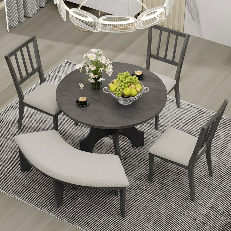 Royard Oaktree 5 piece Dining Set with 3 Upholstered Chairs and Bench Round Dining Table with Curved Bench and Side Chairs Retro Dining Room Kitchen Furniture Set for 4 5 People Gray Walmart