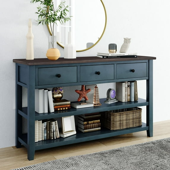 Royard Oaktree 50" Retro Console Table with 3 Drawers, 3-tier Wood Sofa Table with Storage Shelves