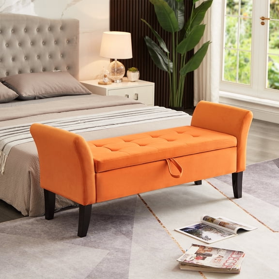 Royard Oaktree 52" Upholstered Storage Bench with Arms, Velvet Button-Tufted End of Bed Bench,Orange