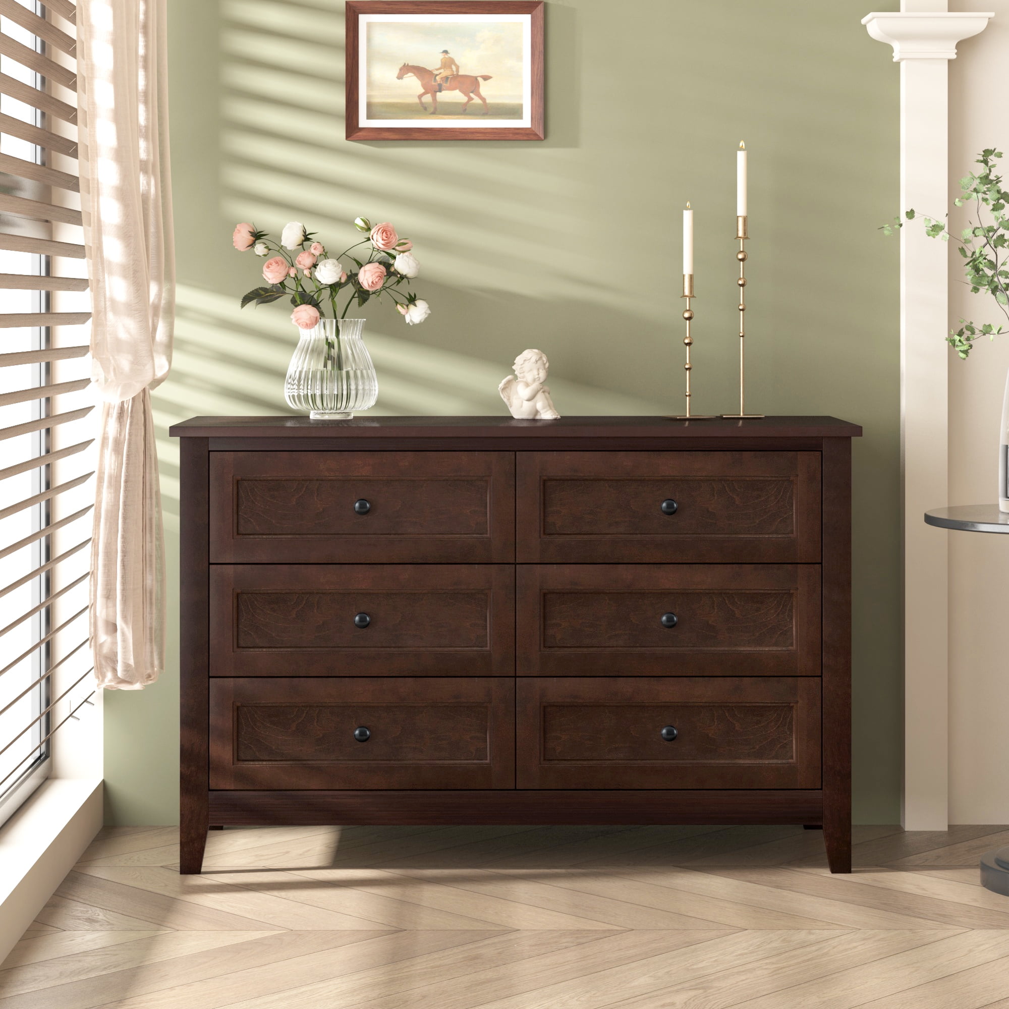 Royard Oaktree 6 Drawers Double Dresser, Solid Wood Rustic Chest of