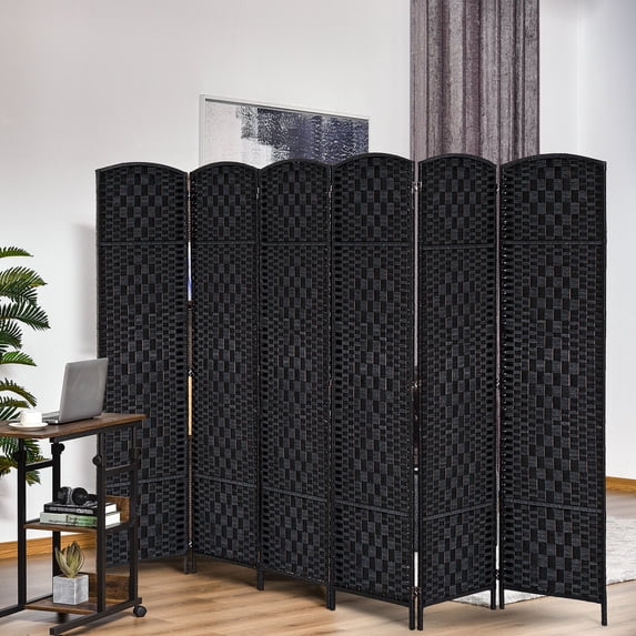 Royard Oaktree 6 Panel Folding Privacy Screen, 6' Tall Wicker Weave Room Divider with Wood Frame, Freestanding Wall Partition for Home Office Bedroom Living Room, Black