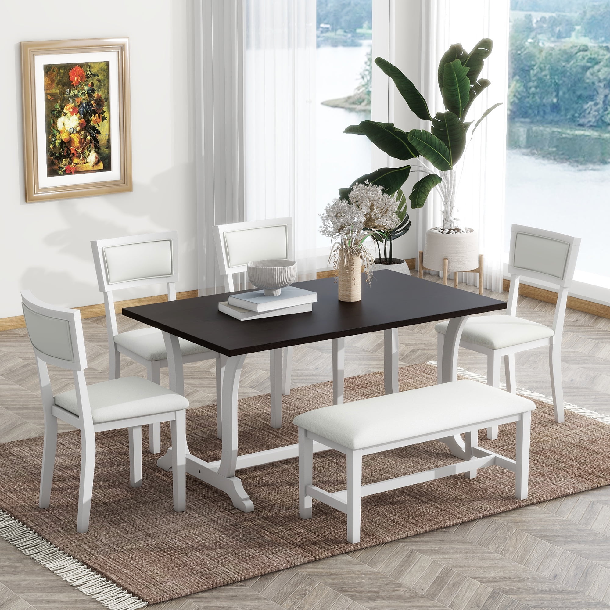Royard Oaktree 6 Pieces Dining Table Set Wooden Kitchen Table Set for 6 Rectangular Dining Room Table Set with Upholstered Chairs and Bench for