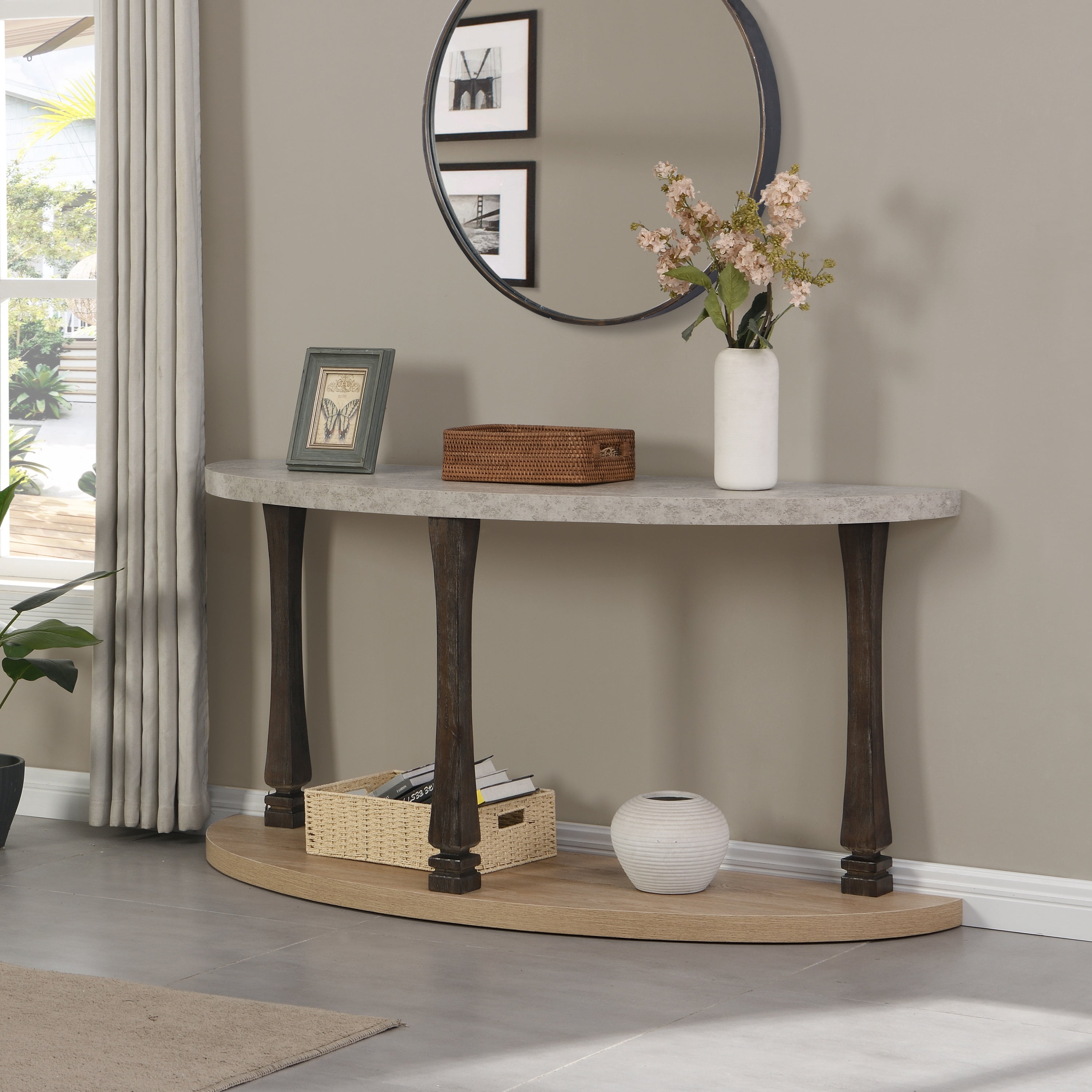 Royard Oaktree 60" Wooden Half Moon Console Table, 2 Tier Narrow ...