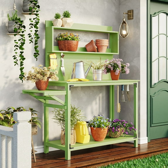 Royard Oaktree 65 Large Outdoor Potting Bench Table Wooden Patio Workstation Rustic Garden Work Bench with Open Shelves, Foldable Side Table and Side Hook,Green