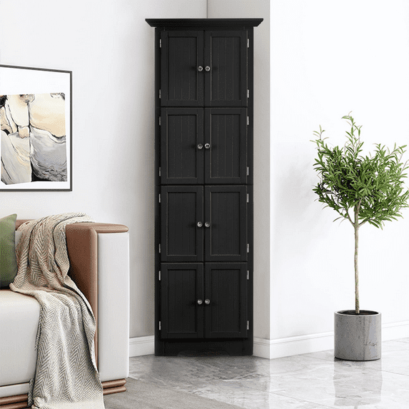 Royard Oaktree 72" Tall Corner Cabinet with 8 Doors and 4 Storage Shelves, Freestanding Bathroom Storage Cabinet, 4-tier Kitchen Pantry Storage Cabinet for Bathroom, Living Room, Office (Black)