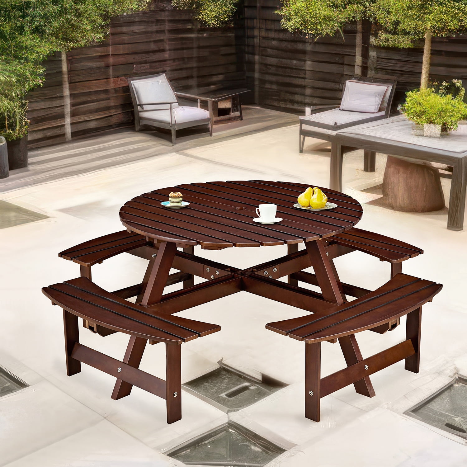 Royard Oaktree 8 Person Wooden Picnic Table, Outdoor Round Picnic Table ...