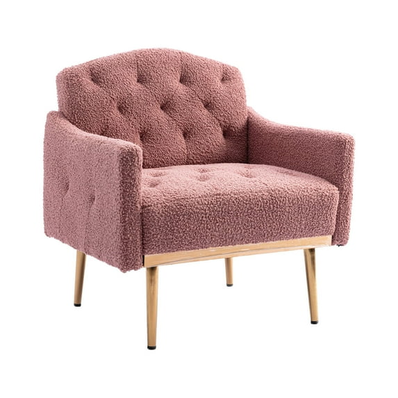 Royard Oaktree Accent Chair Comfy Upholstered Arm Chair with Metal Legs Teddy Fleece Fabric Leisure Chair Tufted Button Single Sofa for Living Room Bedroom Reception Room Office,Brush Pink
