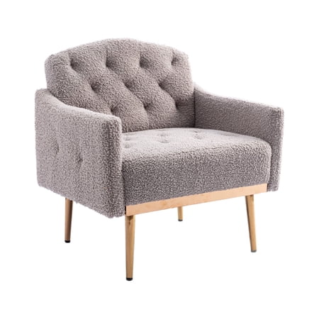 Royard Oaktree Accent Chair Comfy Upholstered Arm Chair with Metal Legs Teddy Fleece Fabric Leisure Chair Tufted Button Single Sofa for Living Room Bedroom Reception Room Office,Grey
