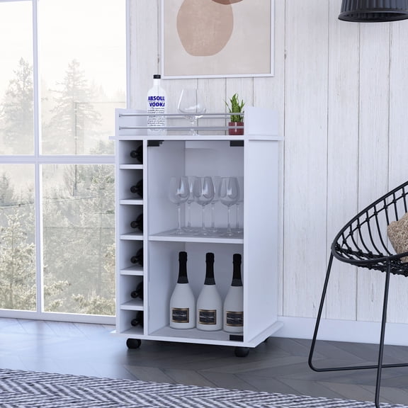 Royard Oaktree Bar Cart with Wheels, Modern Liquor Beverage Cart with 6 Wine Cubbies, Wood Rolling Serving Trolley With Glass Door and Storage Shelf for Home Kitchen Dining, White