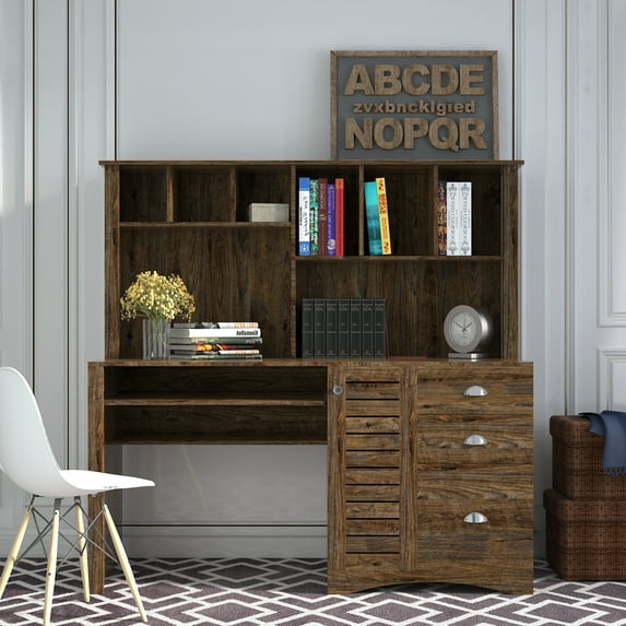 Royard Oaktree Computer Desk with Hutch and File Drawers, Home Office Desk, Wood Executive Study Writing Table with Keyboard Tray and Bookshelf for Bedroom, Living Room (Dark Brown)