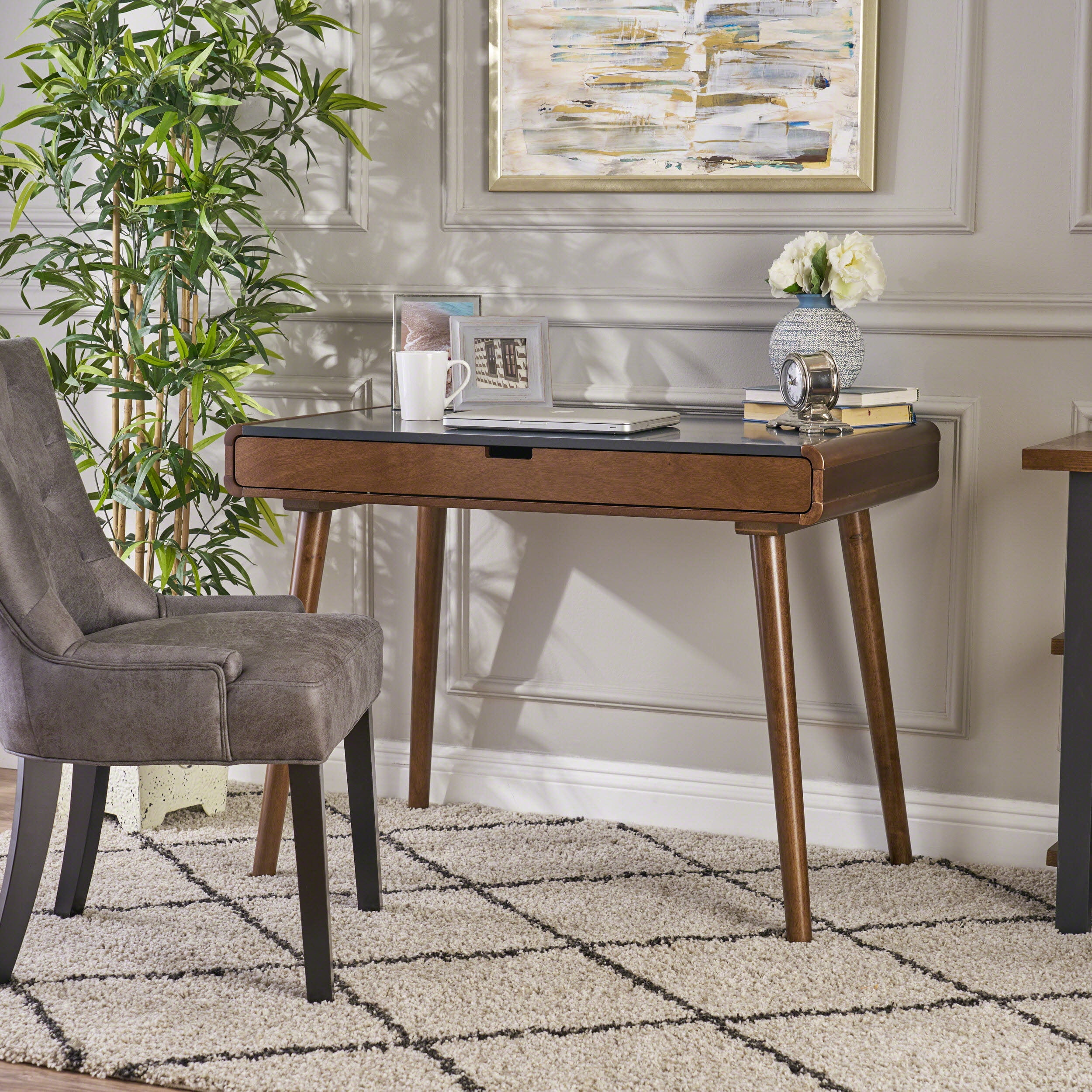 Royard Oaktree Computer Desk with Large Storage Drawer, MidCentury Modern Writing Table with