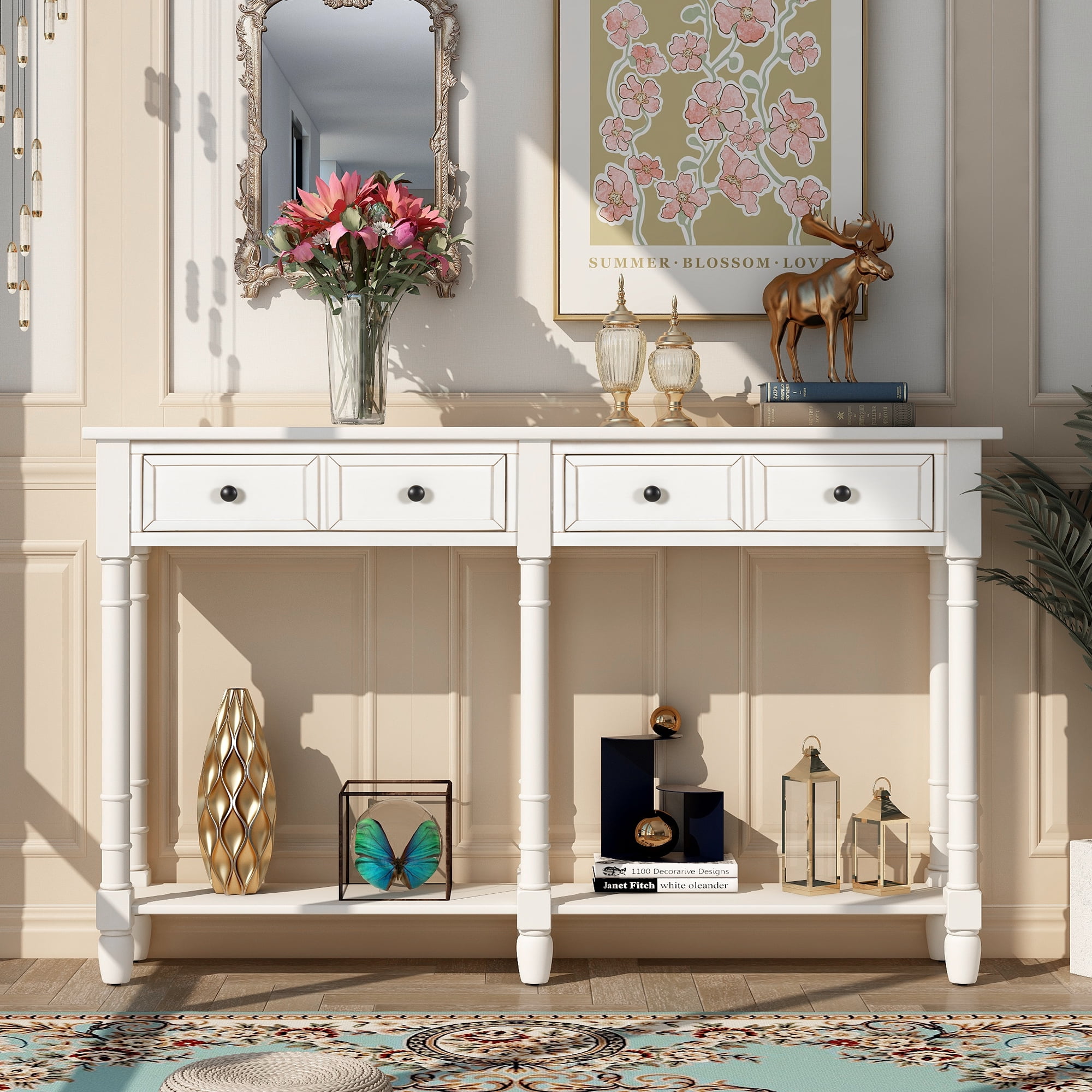 Ivory White Pine Wood 58" Console Table with Storage Drawers and Shelf