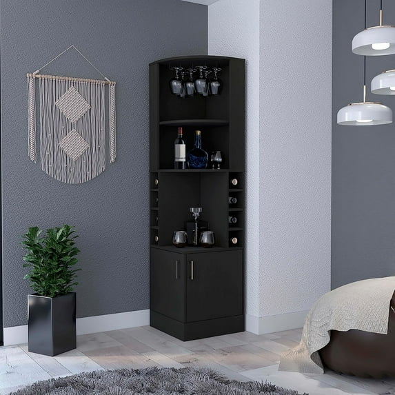 Royard Oaktree Corner Bar Cabinet with 8 Wine Racks and Glasses Holder, Tall Wine Bar Cabinet for Liquor and Glasses, Farmhouse Sideboard Storage Cabinet with Doors and Open Shelves, Black