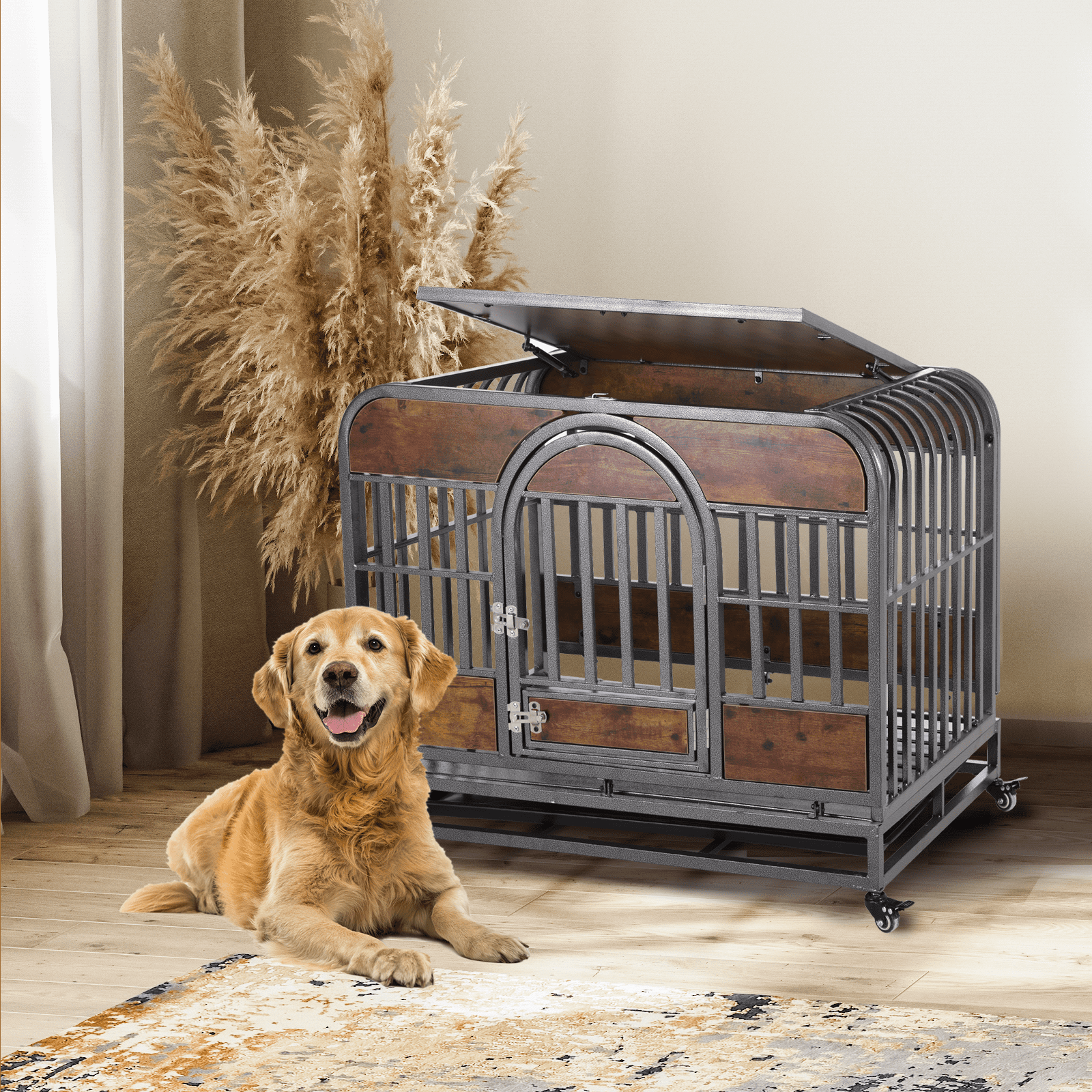 Royard Oaktree Dog Crate Furniture with Arched Door and Flip-up Top, 32 ... - Dog Crate With Removable Roof