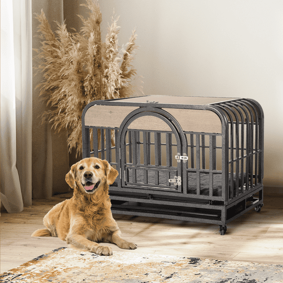 Royard Oaktree Heavy Duty Lockable Dog Crate Furniture with Arched Door, Flip-up Top, and Wheels