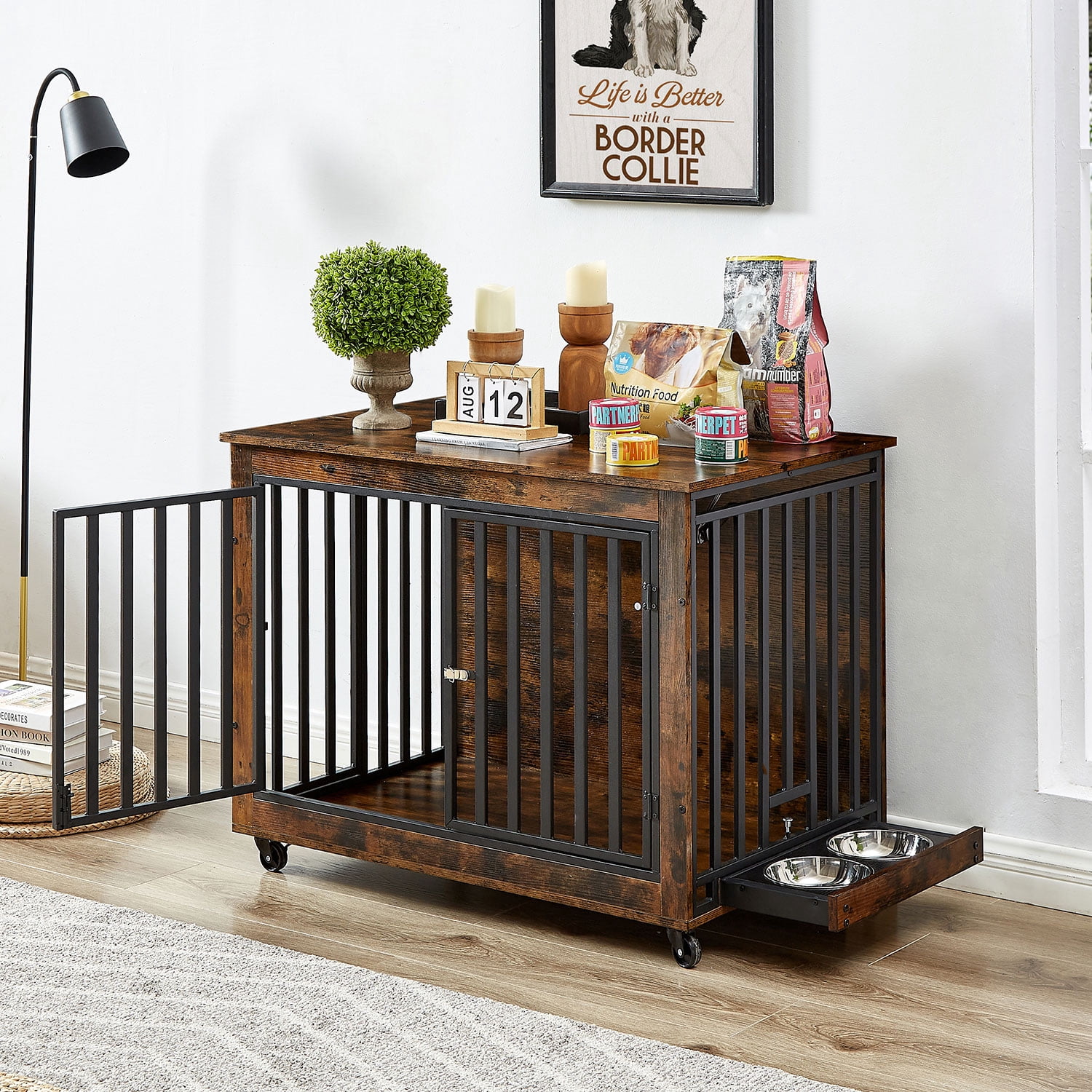 Royard Oaktree Dog Crate Furniture with Feeding Bowl, Wheels, Doors ... - Crates With Built-In Feeding Systems For Dogs