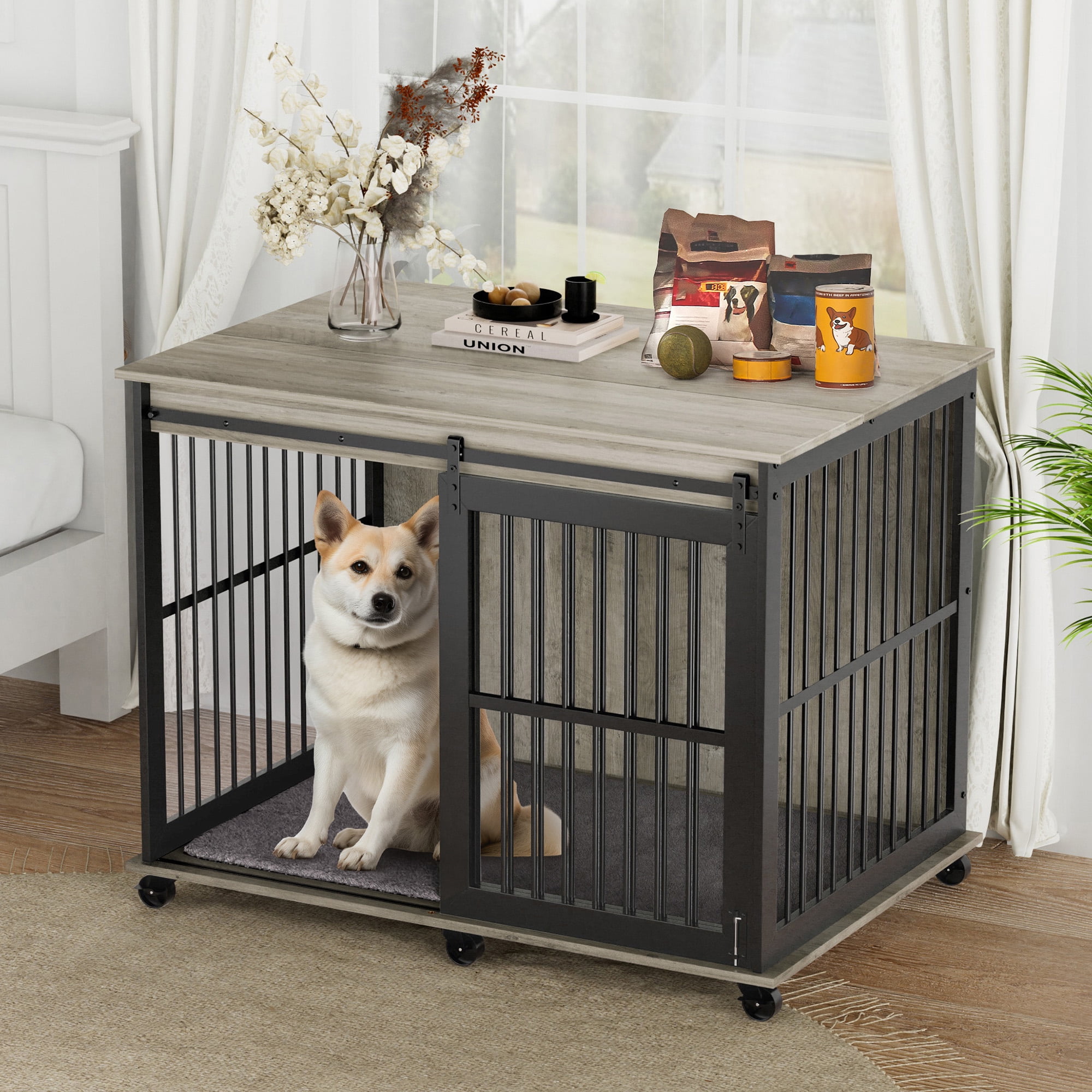 Royard Oaktree Dog Crate Furniture with Sliding Barn Door and Flip Top 43.7 Wooden and Metal Dog Kennel with 6 Wheels and Mat Furniture Style Dog Crate End Table for Medium Large