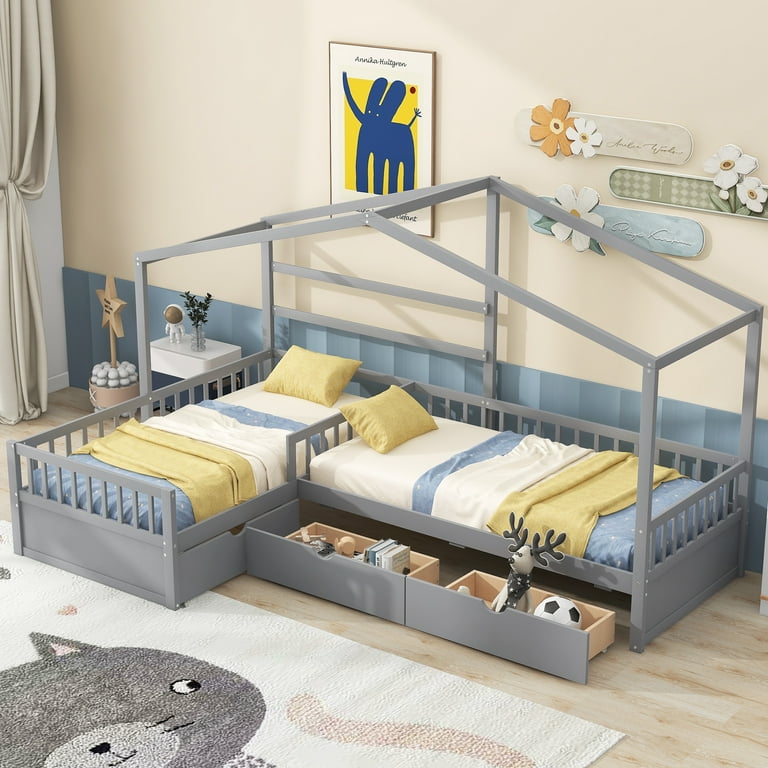 Royard Oaktree Double Twin Size Platform Bed L shape House Bed Frame with Drawers for Kids Teens