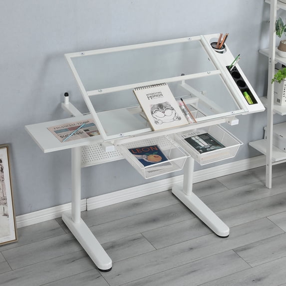 Royard Oaktree Drafting Table with Tilting Glass Tabletop, Height and Angle Adjustable Drawing Desk with Storage Drawers, Metal Work Station with Stool for Artist Painters Home Office, White