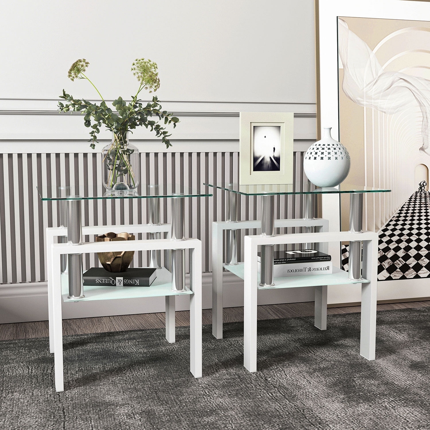 Royard Oaktree End Table Set of 2, Modern Square Tempered Glass Side Table with Shelf for Bedroom