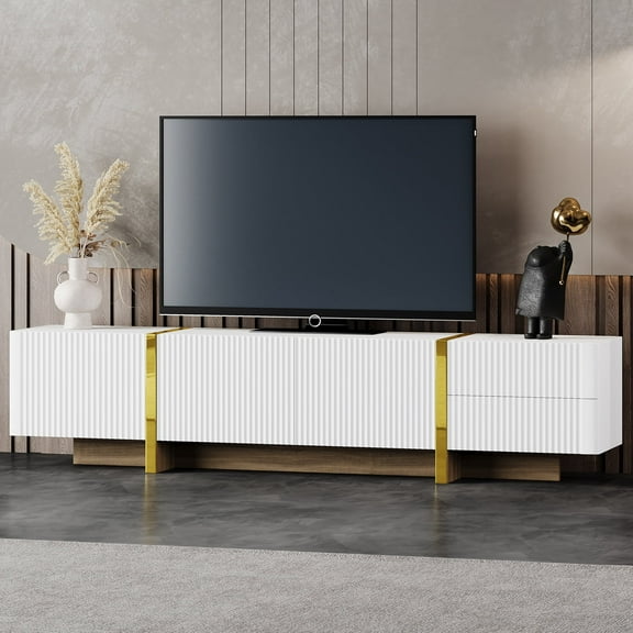 Royard Oaktree Fluted TV Stand for 80" TVs w/ Cabinets & Storage Drawers, White & Gold Media Console