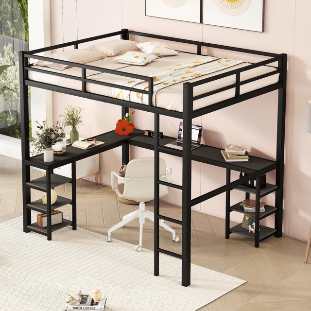 Royard Oaktree Full Size Loft Bed with L Shaped Desk and Storage