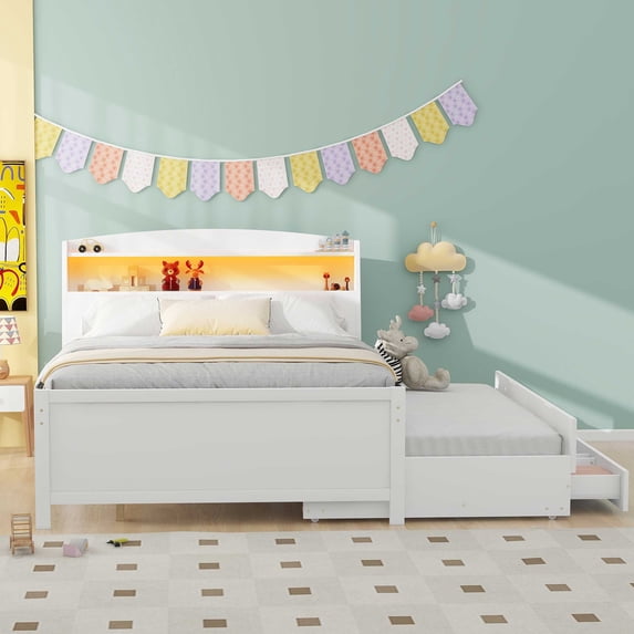 Royard Oaktree Full Size Platform Bed with Storage Headboard and LED Light, Multi-functional Bed Frame with Twin Size Trundle and 3 Drawers, Wood Storage Bed with Slat Support, White