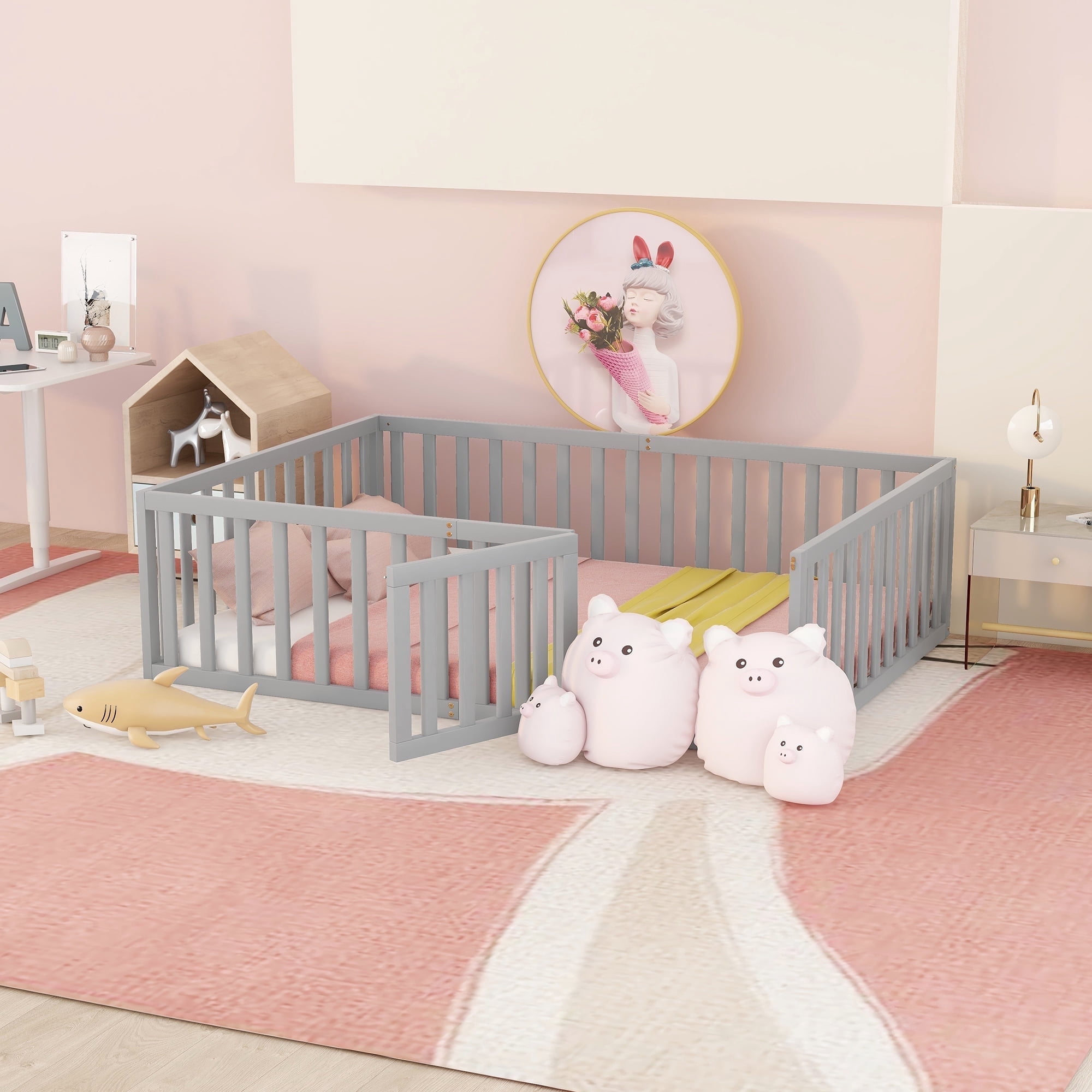 Full Size Natural Wood Daybed Frame with Fence