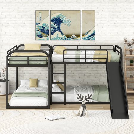 Royard Oaktree Full and Twin Size Bunk Bed,L-Shaped Heavy-Duty Metal Floor Bunk Bed Frame with Slide and Short Ladder for Kids Teens Adults,Space-Saving Design,Black