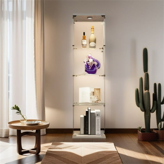 Royard Oaktree Glass Display Cabinet with LED Lights, 4 Tiers Lighted Curio Cabinet with One Door, Modern Collectibles Toy Organizers Rack, Freestanding Showcase for Living Room Home Office, White