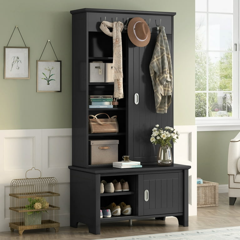 Royard Oaktree Modern Hall Tree w Storage Cabinet Wooden Coat Rack w Hooks and Sliding Doors