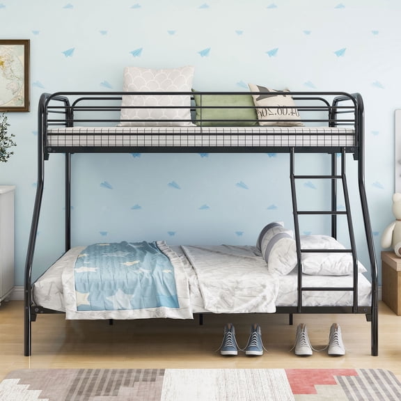 Royard Oaktree Heavy Duty Twin-over-Full Metal Bunk Bed with Enhanced Upper-Level Guardrail, Black