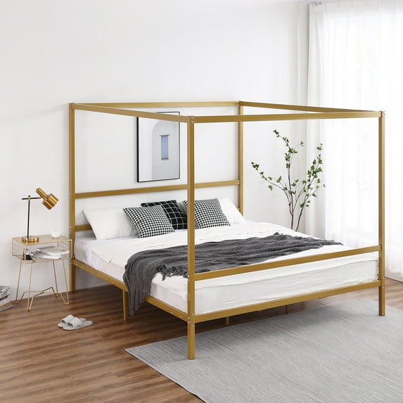 Royard Oaktree King Size Metal Canopy Bed Frame Modern Four-Poster Platform Bed Frame with Built-in Headboard and Strong Metal Slat Support, No Box Spring Needed, Gold