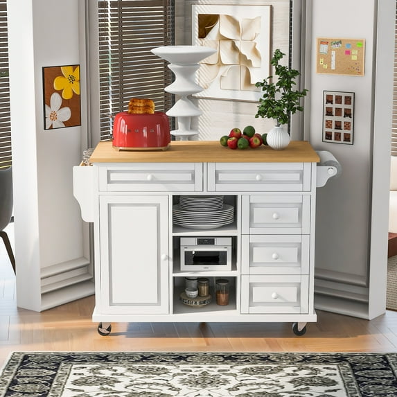 Royard Oaktree Rolling Kitchen Island with Drawers, Cabinet, Shelves, Spice Rack, and Towel Rack