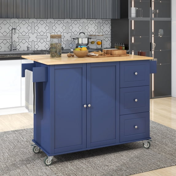Royard Oaktree Kitchen Island Cart with Solid Wood Top and Drop Leaf Breakfast Bar, Rolling Mobile Kitchen Island on Wheels with Storage Cabinet and Drawers, Towel Rack & Spice Rack (Dark Blue)