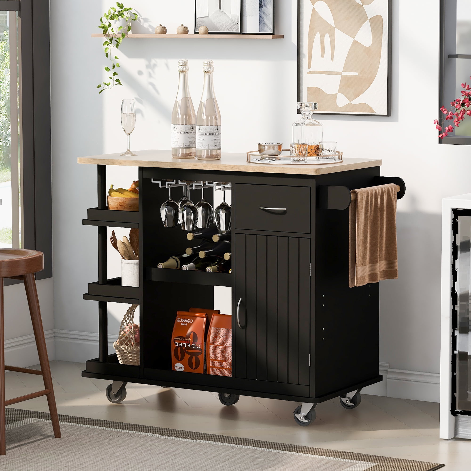 Royard Oaktree Kitchen Island with Drawer, Cabinet, Open Shelves