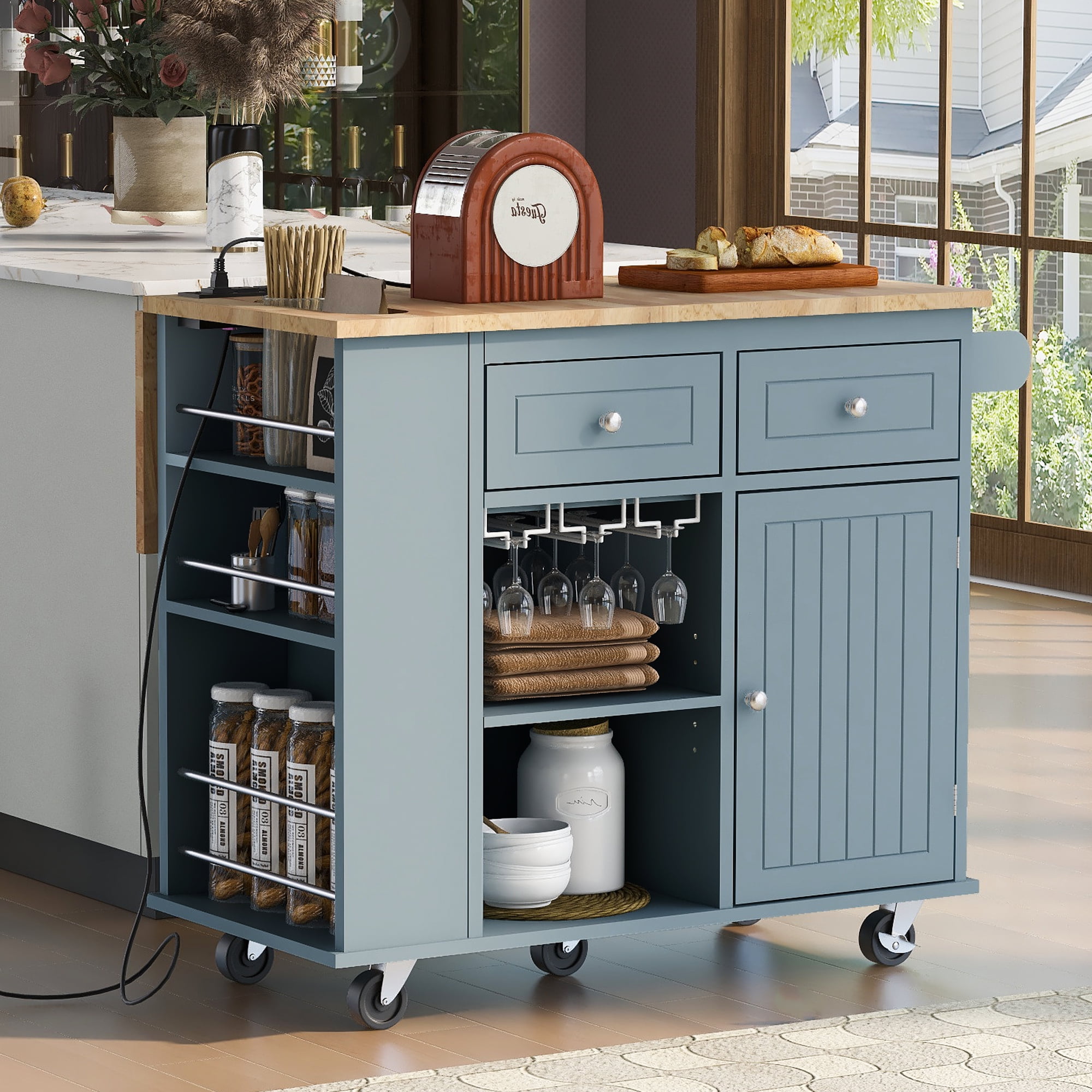 Royard Oaktree Kitchen Island with DropLeaf Countertop and Power Outlet, Mobile Kitchen Cart