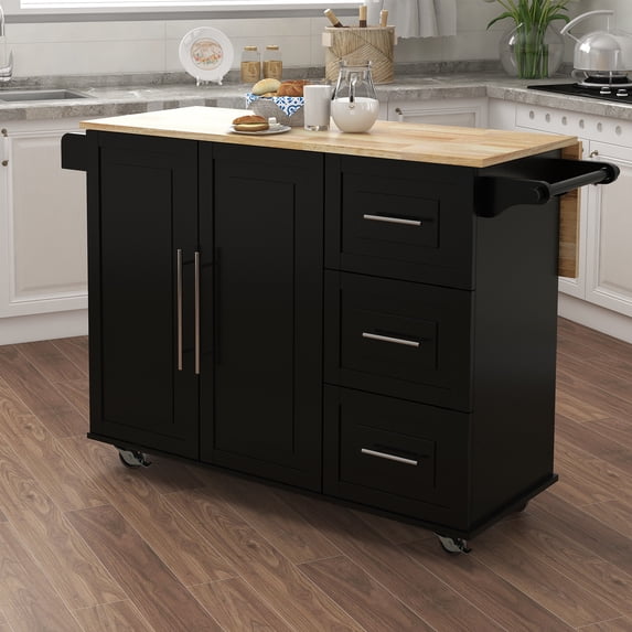 Royard Oaktree Rolling Kitchen Island Cart with Drop Leaf, Spice Rack, Drawers, and Cabinet, Black