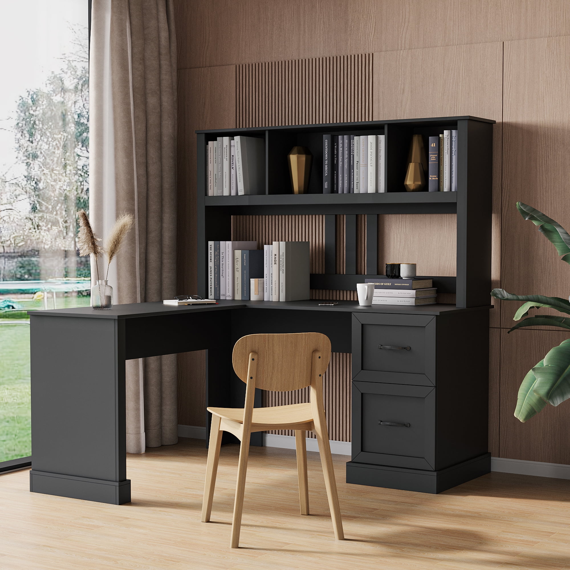Royard Oaktree L Shaped Computer Desk with Hutch Reversible Home Office Desk w/Drawers and Bookshelf