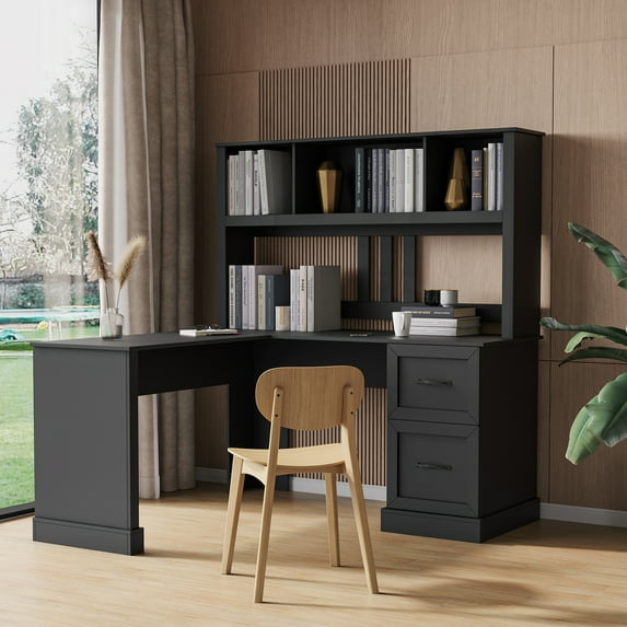 Royard Oaktree L Shaped Computer Desk with Hutch Reversible Home Office Desk w/Drawers and Bookshelf