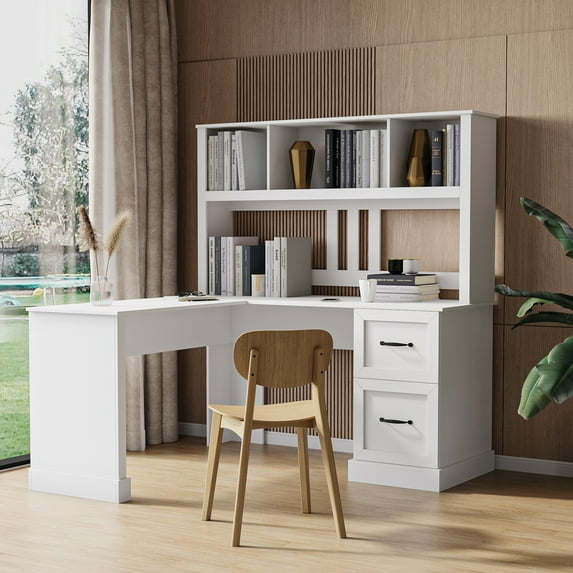 Royard Oaktree L Shaped Computer Desk with Hutch Reversible Home Office Desk w/Drawers and Bookshelf