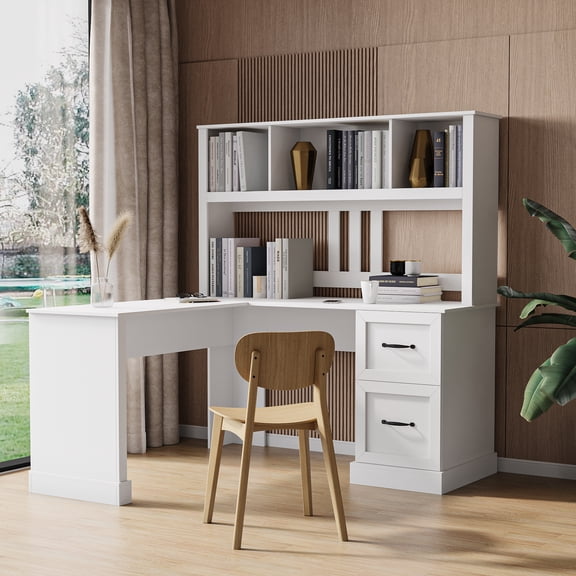 Royard Oaktree L Shaped Computer Desk with Hutch Reversible Home Office Desk w/Drawers and Bookshelf