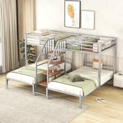 Royard Oaktree L-Shaped Triple Bunk Bed with Stairs,Metal Twin Over Twin & Twin Bunk Bed with Storage Shelves for Kids Teens Adults,Space-Saving Design,Silver