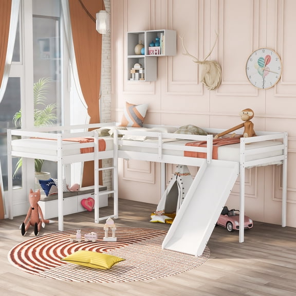 Royard Oaktree L-Shaped Twin Size Loft Bed with Ladder and Slide Wood Low Loft Bed Frame with Slatt and Guardrails, White