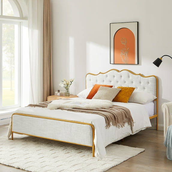 Royard Oaktree Metal King-size Bed with Classic Button Tufted Upholstered Headboard and Footboard Modern Platform Beds Frame with Solid Wood Slats, No Box Spring Needed, Light Gray