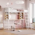 thumbnail image 1 of Royard Oaktree Metal Loft Bed with Built-in Desk and Bookshelves, Twin Size Loft Bed Frame with Storage Shelves, Modern Loft Bed Frame with Guardrail & Reversible Ladder, No Box Spring Needed,White, 1 of 7