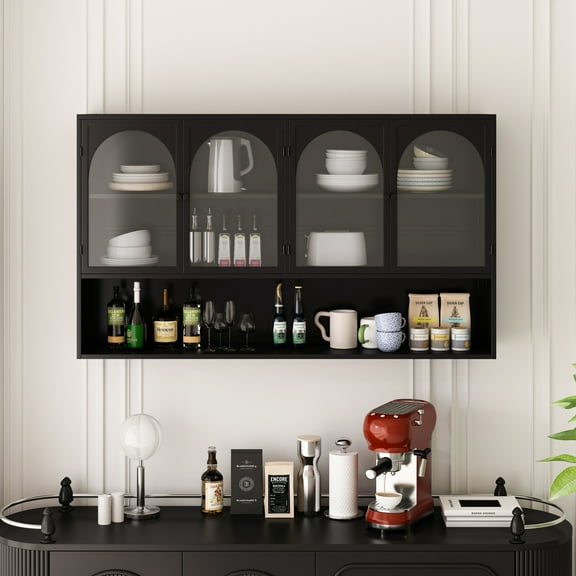 Royard Oaktree Metal Wall Cabinet with 4 Semi-Arch Glass Doors, 47.25" Wide Wall Mounted Storage Cabinet with Open Shelf, Modern Medicine Cabinet for Kitchen Bathroom Living Room, Black