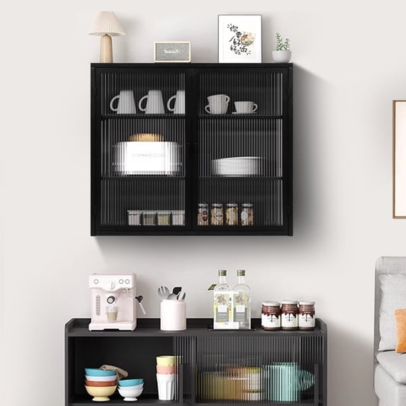 Royard Oaktree Metal Wall Cabinet with Glass Doors 3-Tier Wall Mounted Storage Cabinet with Detachable Shelves Modern Medicine Cabinet for Kitchen Bathroom Living Room, Black
